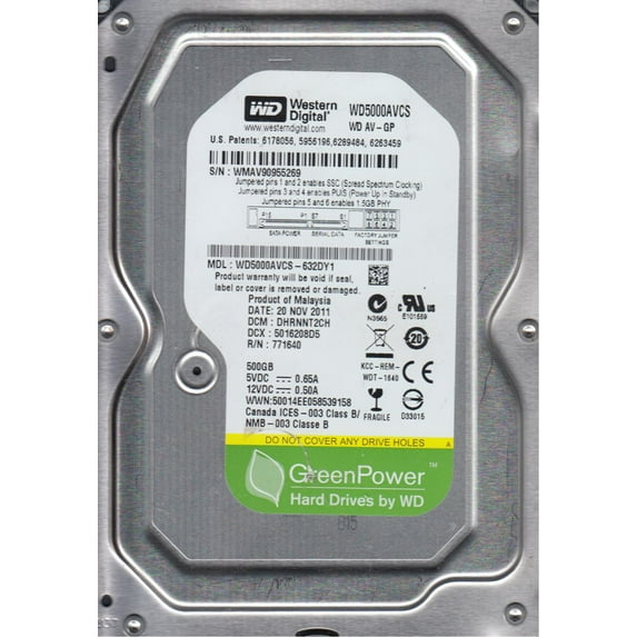 WD5000AVCS-632DY1, DCM DHRNNT2CH, Western Digital 500GB SATA 3.5 Hard Drive