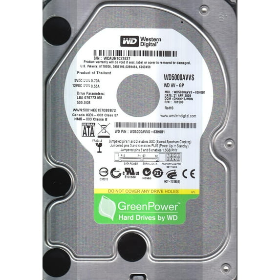 WD5000AVVS-63H0B1, DCM DHNNHTJMBN, Western Digital 500GB SATA 3.5 Hard Drive