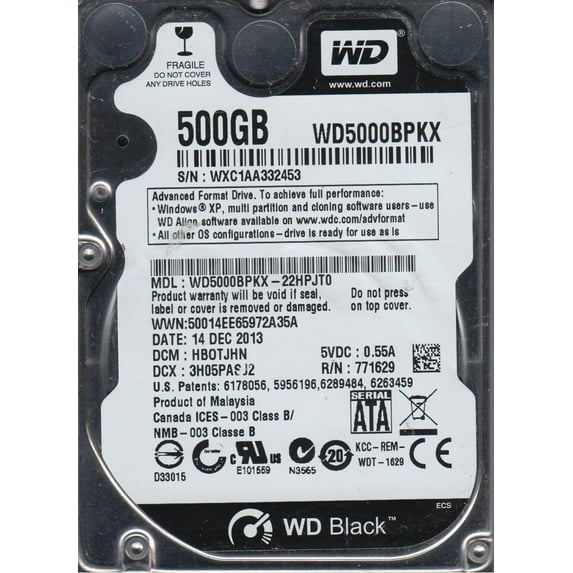 WD5000BPKX-22HPJT0, DCM HBOTJHN, Western Digital 500GB SATA 2.5 Hard Drive