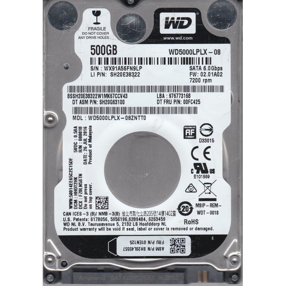 WD5000LPLX-08ZNTT0, DCM HHOT2HK, Western Digital 500GB SATA 2.5 Hard Drive