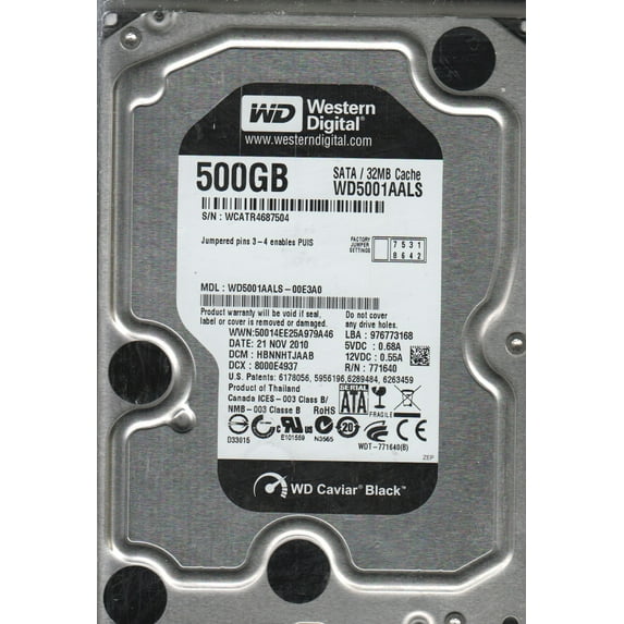 WD5001AALS-00E3A0, DCM HBNNHTJAAB, Western Digital 500GB SATA 3.5 Hard Drive