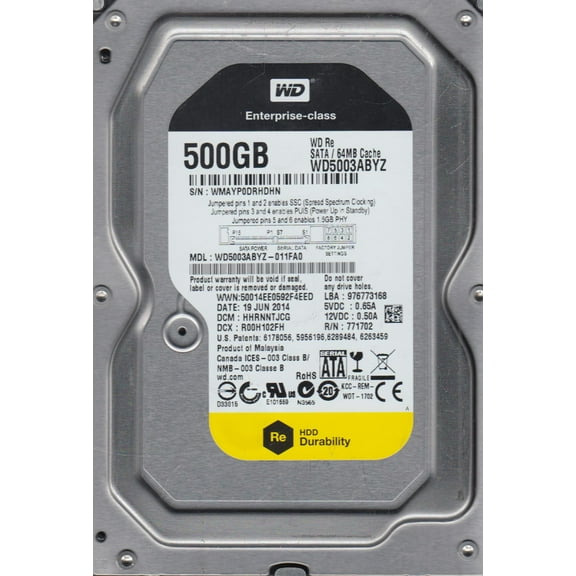 WD5003ABYZ-011FA0, DCM HHRNNTJCG, Western Digital 500GB SATA 3.5 Hard Drive