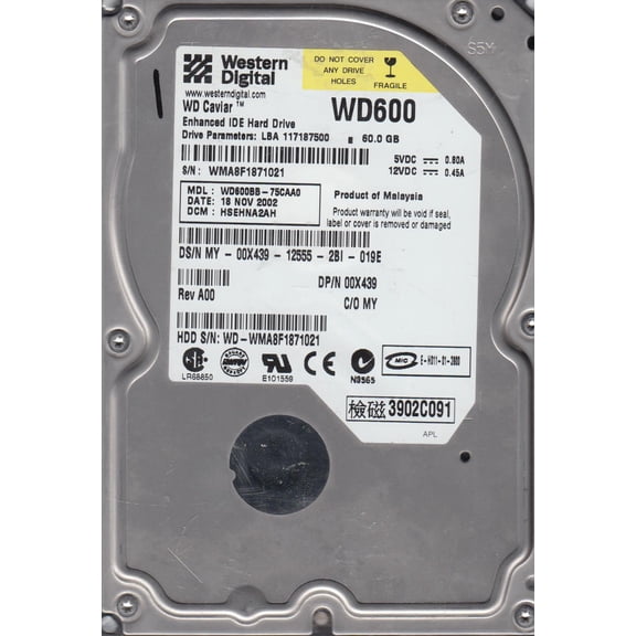 WD600BB-75CAA0, DCM HSEHNA2AH, Western Digital 60GB IDE 3.5 Hard Drive