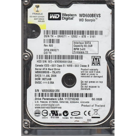 WD600BEVS-75LAT0, DCM HCTJAB, Western Digital 60GB SATA 2.5 Hard Drive