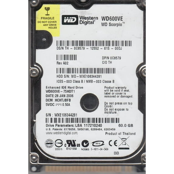 WD600VE-75HDT1, DCM HCHTJBFB, Western Digital 60GB IDE 2.5 Hard Drive