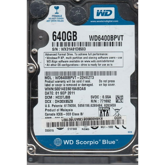 WD6400BPVT-22HXZT3, DCM HCOTJBB, Western Digital 640GB SATA 2.5 Hard Drive