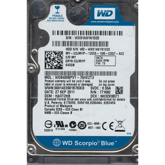 WD6400BPVT-75HXZT3, DCM HAOT2HB, Western Digital 640GB SATA 2.5 Hard Drive