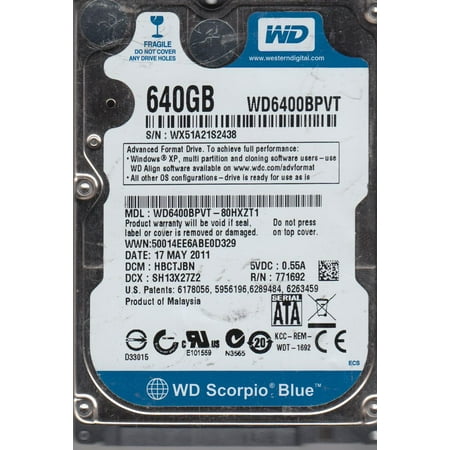 WD6400BPVT-80HXZT1, DCM HBCTJBN, Western Digital 640GB SATA 2.5 Hard Drive