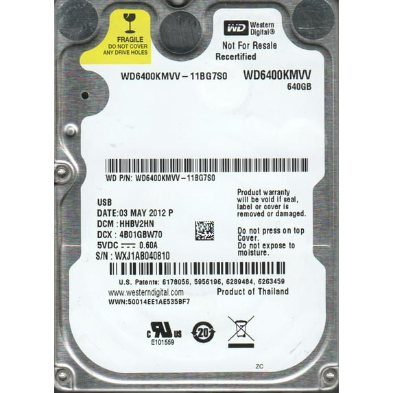 WD6400KMVV-11BG7S0, DCM HHBV2HN, Western Digital 640GB USB 2.5 Hard Drive