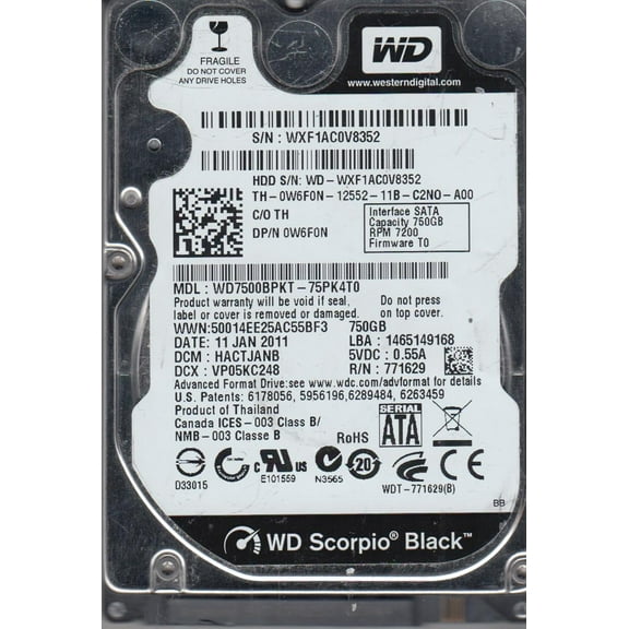 WD7500BPKT-75PK4T0, DCM HACTJANB, Western Digital 750GB SATA 2.5 Hard Drive