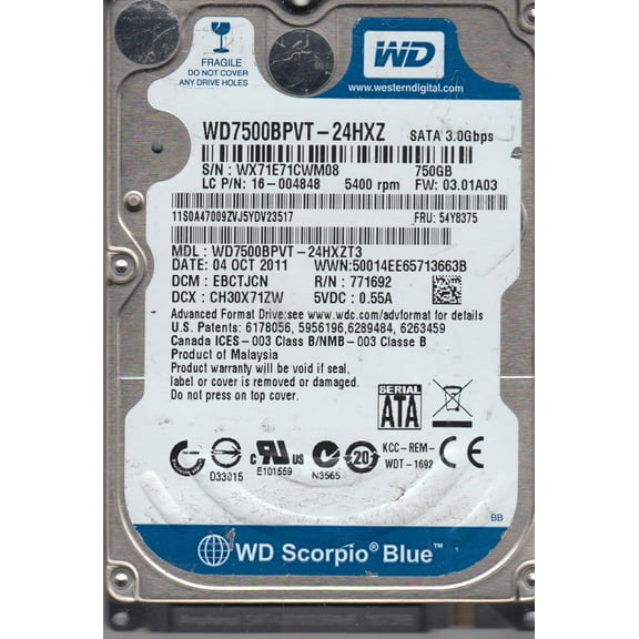 WD7500BPVT-24HXZT3, DCM EBCTJCN, Western Digital 750GB SATA 2.5 Hard Drive