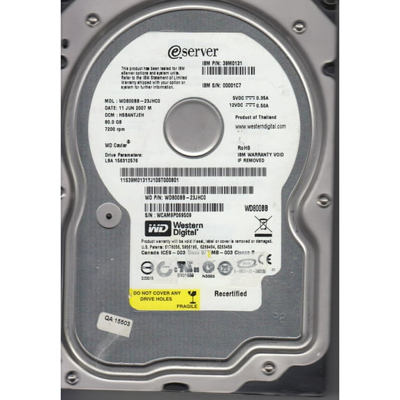 WD800BB-23JHC0, DCM HSBANTJEH, Western Digital 80GB IDE 3.5 Hard Drive