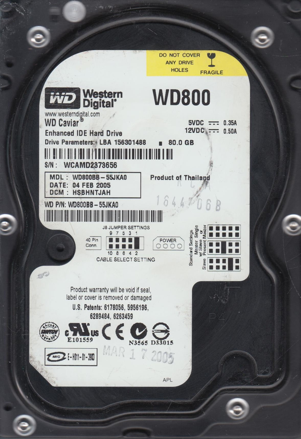 WD800BB-55JKA0, DCM HSBHNTJAH, Western Digital 80GB IDE 3.5 Hard Drive