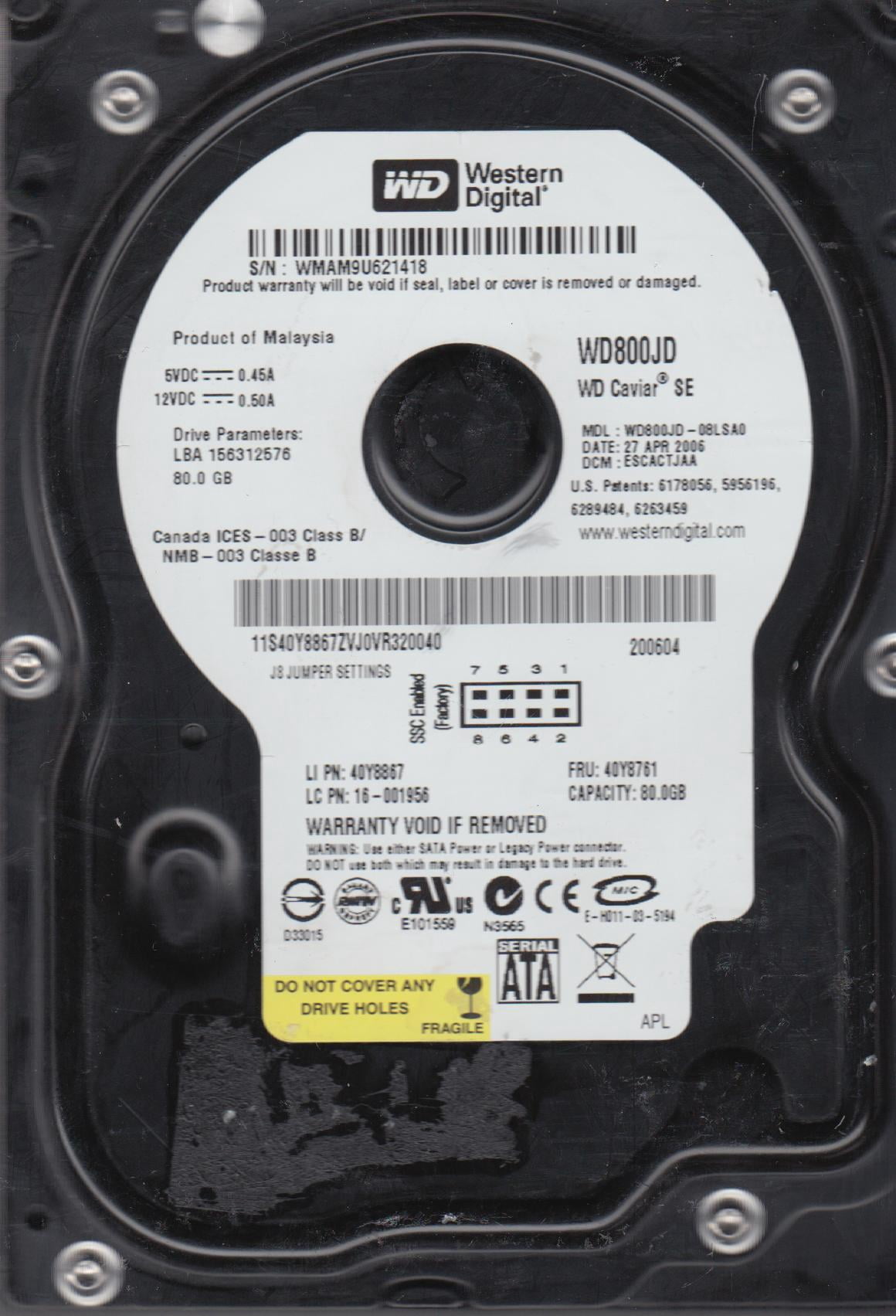 Wd800jd WD800JD-08LSA0, DCM ESCACTJAA, Western Digital 80GB SATA 3.5 Hard Drive ...