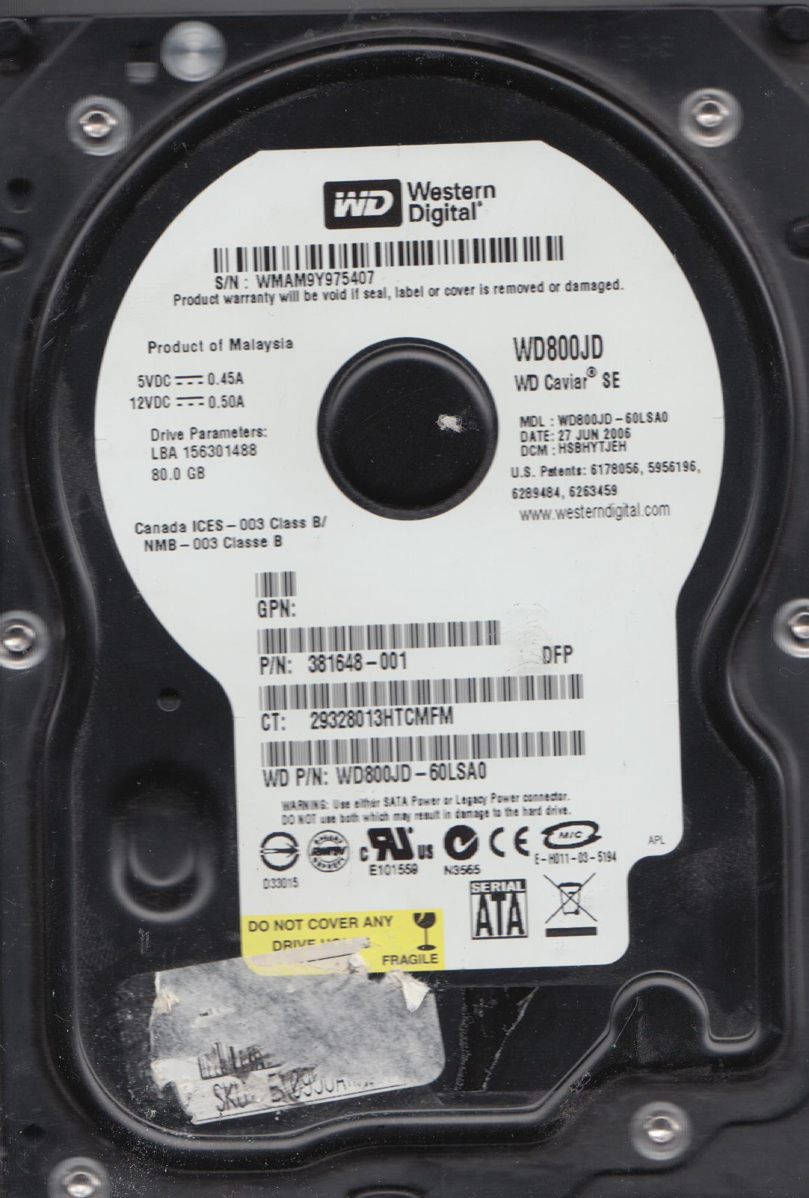 Wd800jd WD800JD-60LSA0, DCM HSBHYTJEH, Western Digital 80GB SATA 3.5 Hard Drive ...