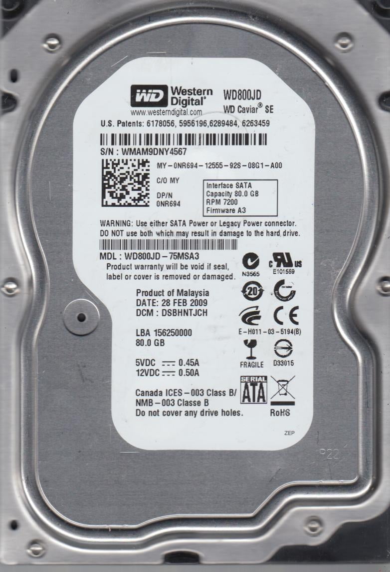 Wd800jd WD800JD-75MSA3, DCM DSBHNTJCH, Western Digital 80GB SATA 3.5 Hard Drive ...