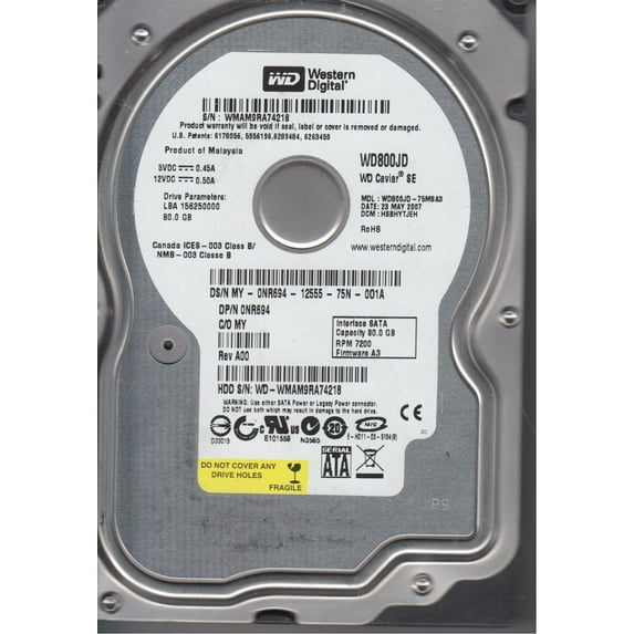 WD800JD-75MSA3, DCM HSBHYTJEH, Western Digital 80GB SATA 3.5 Hard Drive