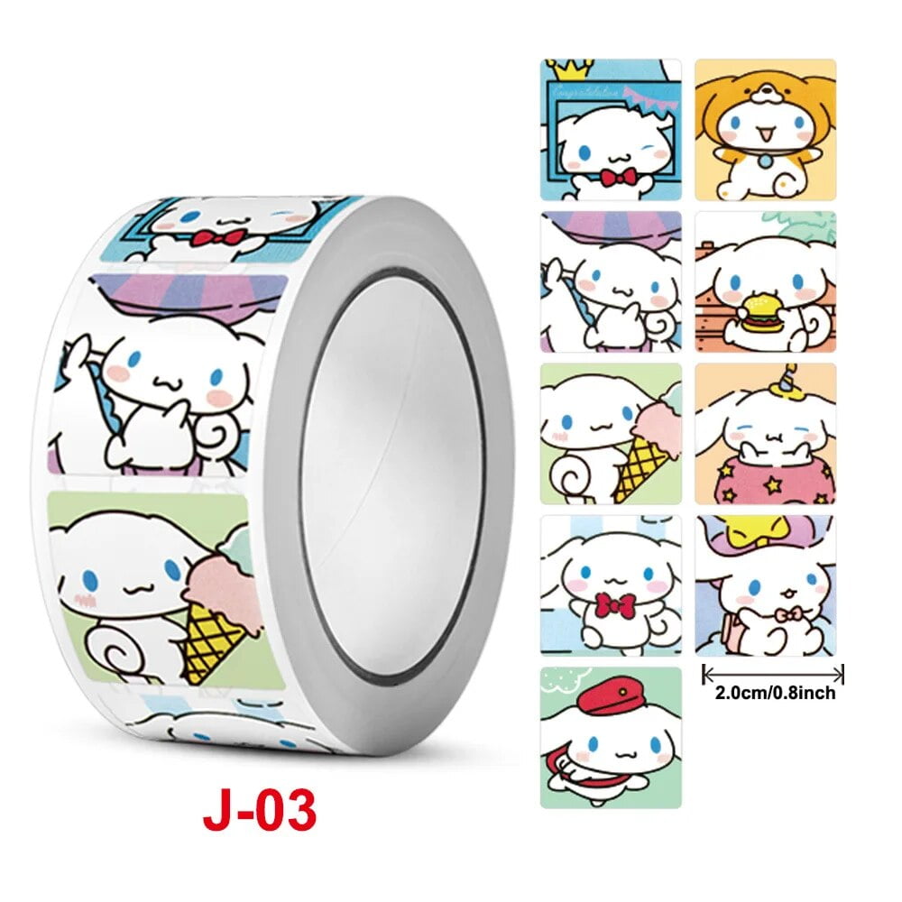 WDAIDJ 2024 New 500Pcs/roll Cute Sanrio Stickers Cartoon Kuromi Cinnamoroll Hello Kitty Reward
