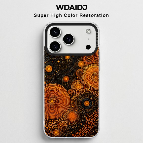 WDAIDJ Abstract Orange Circle Pattern Phone Case Compatible with iPhone 12/13/14/15/16/17/Pro/Max, Black & Gold Swirl Art Print Soft TPU Shockproof Protective Cover