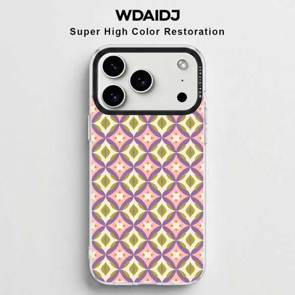 WDAIDJ Boho Geometric Tile Phone Case for iPhone 12/13/14/15/16/17 Pro Max - Retro Purple Pink Abstract Pattern Protective Cover, Slim Shockproof Clear TPU Case