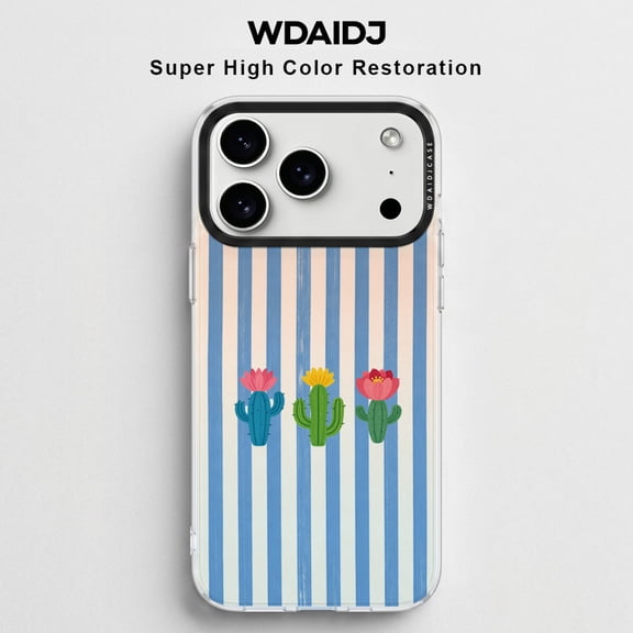 WDAIDJ Compatible with iPhone 12/13/14/15/16/17 & All Pro/Pro Max Models, Blue Pink Stripes Cactus Print Clear Phone Case, Shockproof Protective Cover , Cute Succulent Art Slim TPU Bumper Case