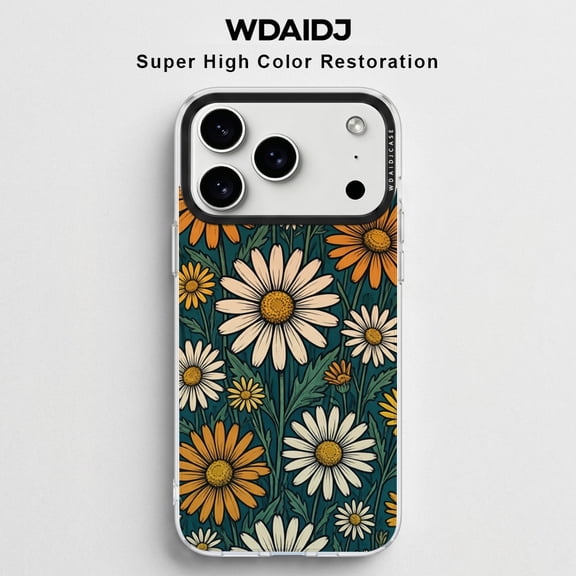 WDAIDJ Compatible with iPhone 12/13/14/15/16/17 & All Pro/Pro Max Models, Retro Teal Daisy Floral Clear Phone Case, Shockproof Protective Cover , Vintage Wildflower Art Slim TPU Bumper Case