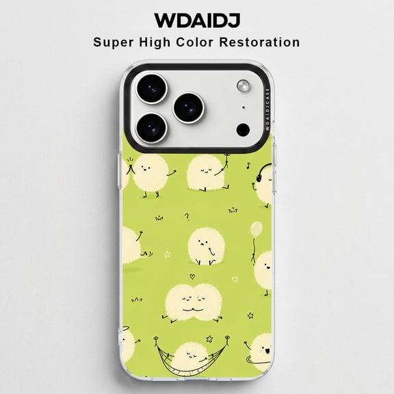 WDAIDJ Cute Fluffy Ball Characters Phone Case Compatible with iPhone 12/13/14/15/16/17/Pro/Max, Green Cartoon Creature Print Soft TPU Shockproof Protective Cover