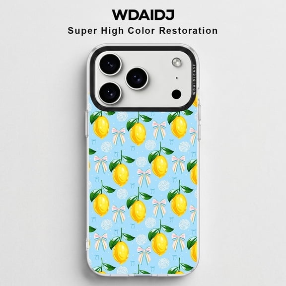 WDAIDJ Cute Lemon & Bow Pattern Phone Case Compatible with iPhone 12/13/14/15/16/17/Pro/Max, Light Blue Summer Fruit Print Soft TPU Shockproof Protective Cover