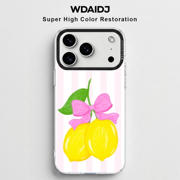 WDAIDJ Cute Lemon Bow Phone Case Compatible with iPhone 12/13/14/15/16/17/Pro/Max, Pink Stripes Watercolor Lemon Print Soft TPU Shockproof Protective Cover