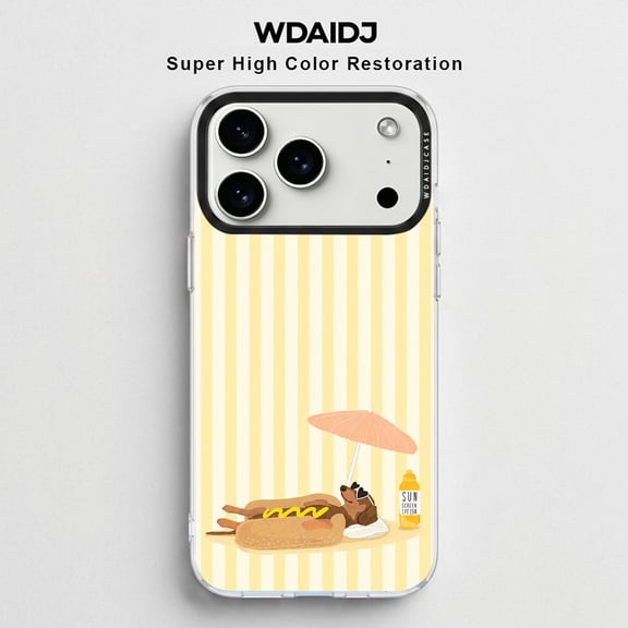 WDAIDJ Cute Summer Dachshund Hot Dog Phone Case, Yellow Vertical Stripes Beach Umbrella Sunscreen Cartoon Print Soft TPU Shockproof Protective Cover Compatible with iPhone 12/13/14/15/16/17/17 Pro/17