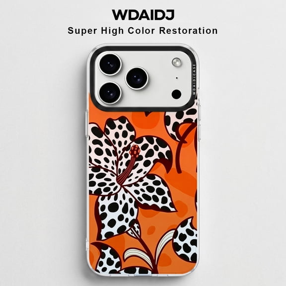 WDAIDJ Leopard Print Lily Flower Phone Case for iPhone 17 16 15 14 13 12 Pro Max - Clear Shockproof Cover with Orange Background & Spotted Floral Art, High Color Restoration Protective Case