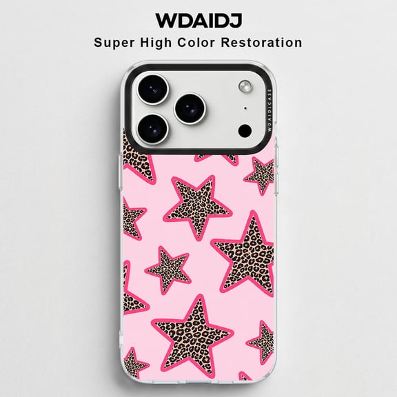 WDAIDJ Leopard Print Star Phone Case for iPhone 17 Pro Max/16/15/14/13/12, Pink Aesthetic Protective Cover with Cute Cheetah Star Pattern