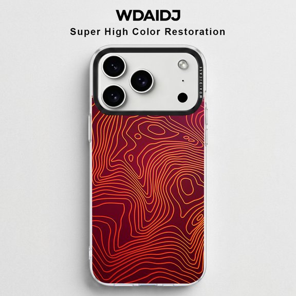 WDAIDJ Red Topographic Contour Line Phone Case Compatible with iPhone 12/13/14/15/16/17/Pro/Max, Abstract Geographic Map Print Soft TPU Shockproof Protective Cover