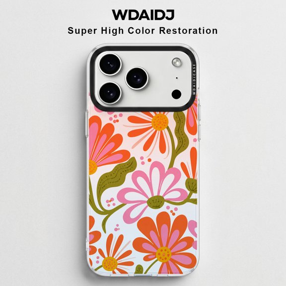 WDAIDJ Retro Floral Phone Case Compatible with iPhone 12/13/14/15/16/17 & Pro/Pro Max, 70s Boho Orange Pink Daisy Print, Shockproof Soft TPU Protective Cover