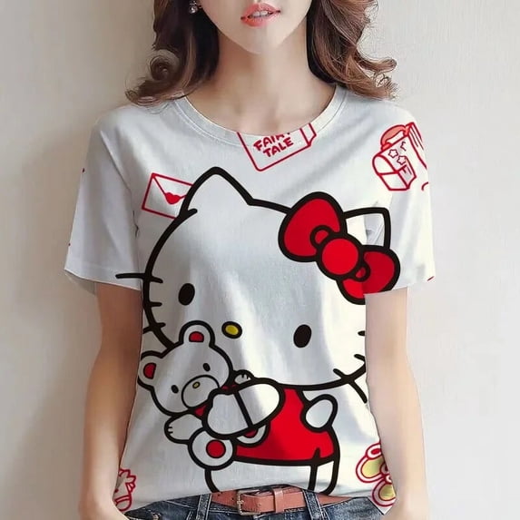 WDAIDJ The Latest Top Hello Kitty Printed Cute Girl Pink V-neck Top 3D Printed Kitty Fashion Casual Women's Loose T-shirt