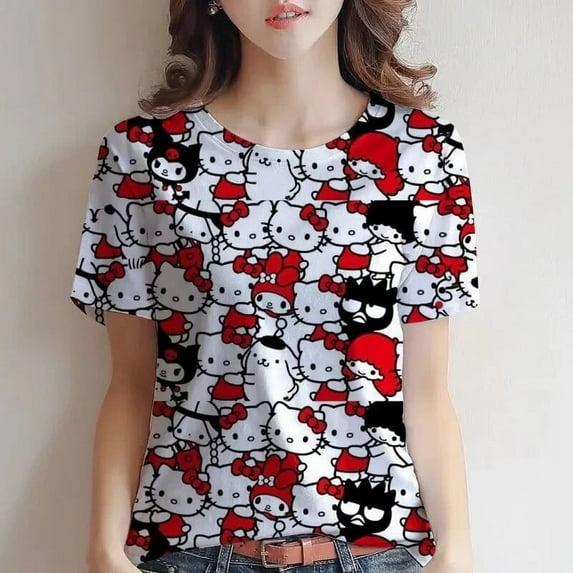 WDAIDJ The Latest Top Hello Kitty Printed Cute Girl Pink V-neck Top 3D Printed Kitty Fashion Casual Women's Loose T-shirt