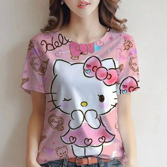 WDAIDJ The Latest Top Hello Kitty Printed Cute Girl Pink V-neck Top 3D Printed Kitty Fashion Casual Women's Loose T-shirt