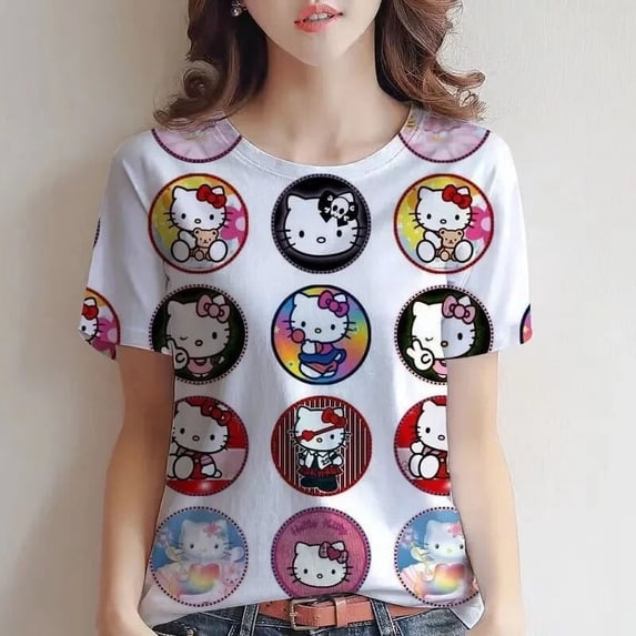 WDAIDJ The Latest Top Hello Kitty Printed Cute Girl Pink V-neck Top 3D Printed Kitty Fashion Casual Women's Loose T-shirt
