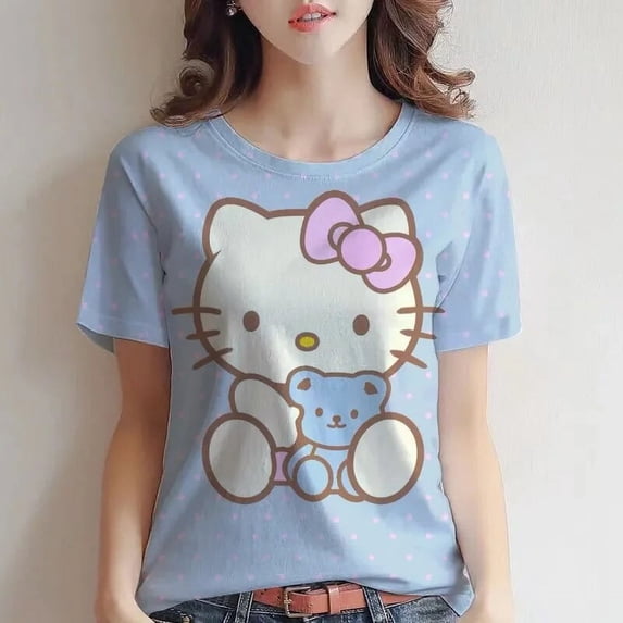 WDAIDJ The Latest Top Hello Kitty Printed Cute Girl Pink V-neck Top 3D Printed Kitty Fashion Casual Women's Loose T-shirt