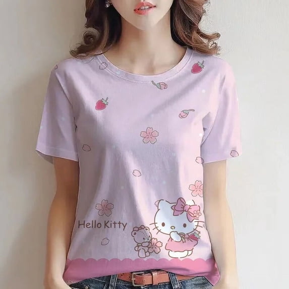 WDAIDJ The Latest Top Hello Kitty Printed Cute Girl Pink V-neck Top 3D Printed Kitty Fashion Casual Women's Loose T-shirt