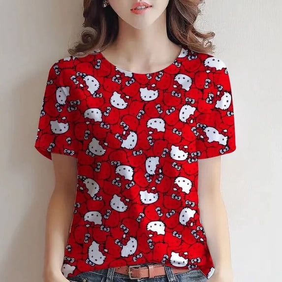 WDAIDJ The Latest Top Hello Kitty Printed Cute Girl Pink V-neck Top 3D Printed Kitty Fashion Casual Women's Loose T-shirt