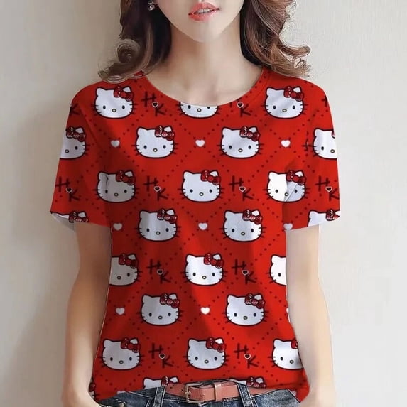 WDAIDJ The Latest Top Hello Kitty Printed Cute Girl Pink V-neck Top 3D Printed Kitty Fashion Casual Women's Loose T-shirt