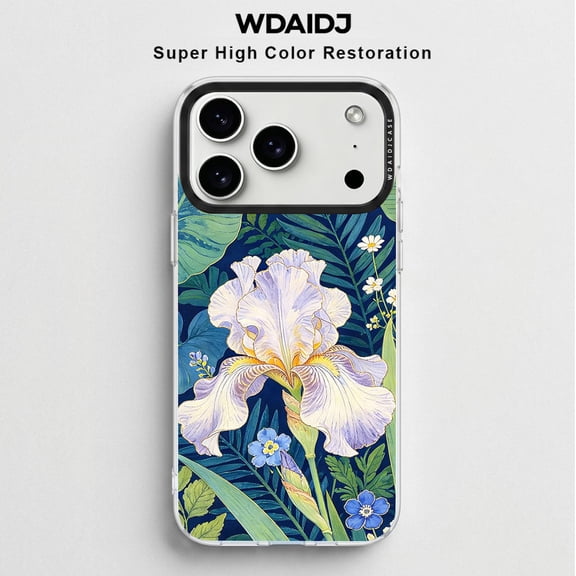 WDAIDJ Watercolor Iris Floral Laser Phone Case for iPhone 12/13/14/15/16/17 Pro Max - High Color Restoration Clear Shockproof Protective Cover