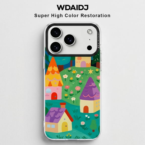 WDAIDJ for iPhone 17 16 15 14 13 12 Pro Max Case, Aesthetic Cute Fairytale Cottage Town Pattern Clear Case, Vibrant Colorful House Garden Illustration Slim Shockproof Protective Cover