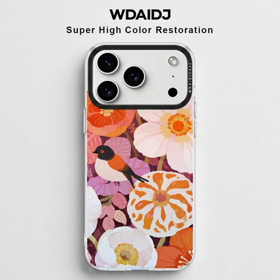WDAIDJ for iPhone 17 16 15 14 13 12 Pro Max Case, Aesthetic Retro Floral & Bird Pattern Clear Case, Vibrant Flower Illustration Slim Shockproof Protective Cover