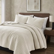 WDCOZY Beige 100% Cotton Quilt Set King Size, Textured Lightweight Soft Bedspread with 2 Pillow Shams, Breathable All Season Comforter Bedding