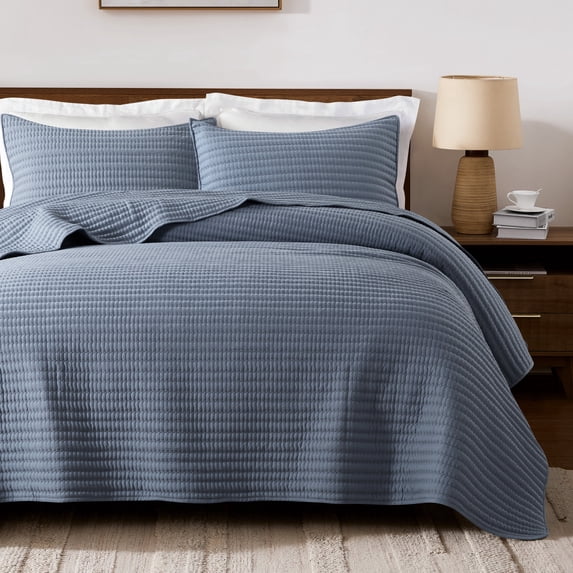 WDCOZY King Size Quilt Set – Blue Striped Pick Stitch Soft Lightweight ...