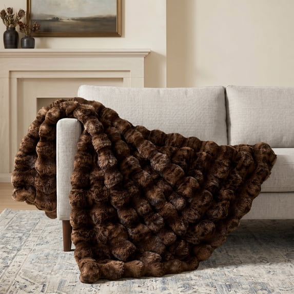 WDCOZY Luxury Faux Rabbit Fur Bubble Throw Blanket, Leopard Print Plush Blanket for Couch Sofa Bed, Thick Warm Decorative Throw, 950 GSM, Coffee Brown, 50" x 60"