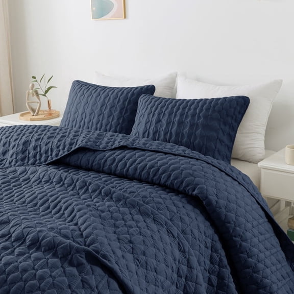 WDCOZY Navy Blue Quilt Queen Size Bedding Sets with Pillow Shams, Lightweight Soft Bedspread Coverlet, Quilted Blanket Thin Comforter Bed Cover, All Season Spring Summer, 3 Pieces, 90x90 inches
