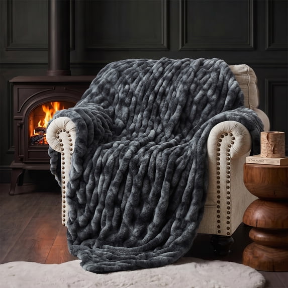 WDCOZY Ruched Faux Fur Throw Blanket,Bubble Plush Blanket with Soft Fleece Backing, Cozy Decorative Blanket for Couch, Sofa and Bed, Dark Gray, 60" x 80"